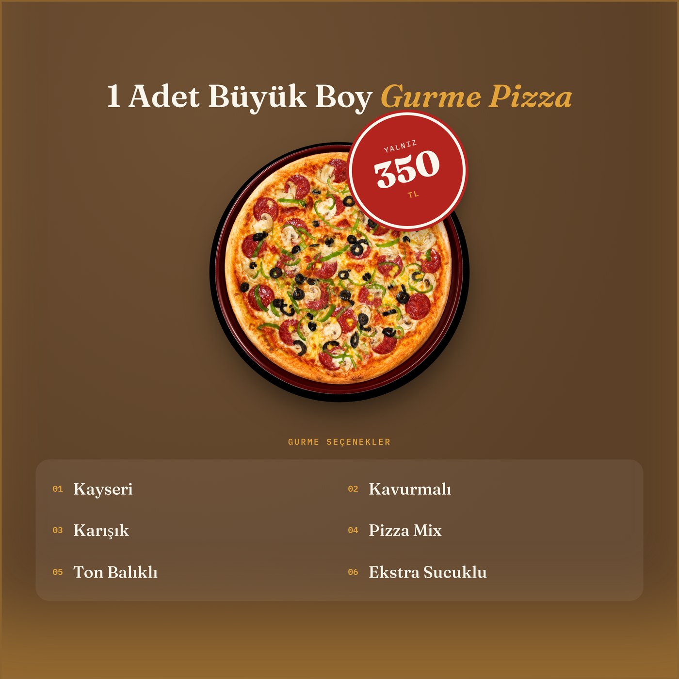 1 Adet Büyük Boy Gurme Pizza yalnız 350 TL
